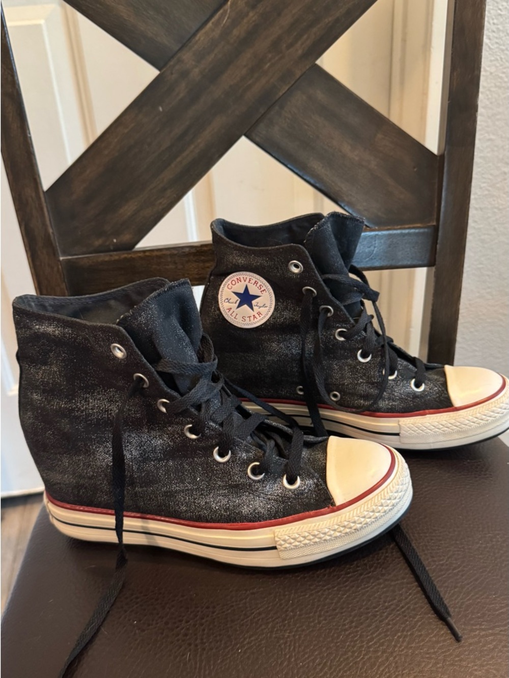 Converse Black wedge Hi-Top Sneaker with White Accents - Picture 4 of 7